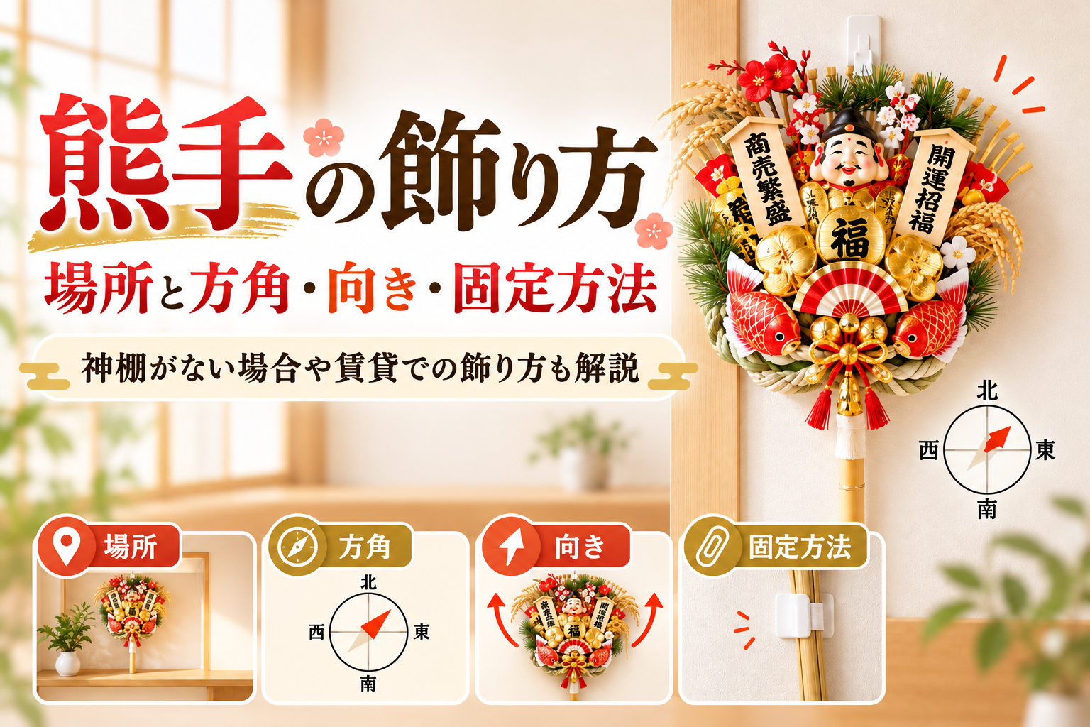 熊手 飾り方 場所 方角 向き 神棚ない 賃貸 固定方法